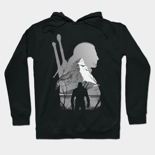 Geralt Mountain Set Silhouette Hoodie by Meca-artwork